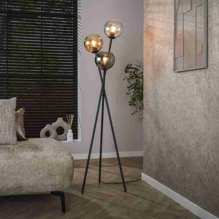 LifestyleFurn Vloerlamp Willaim 3-lamps - Chroom, Amber en Grijs