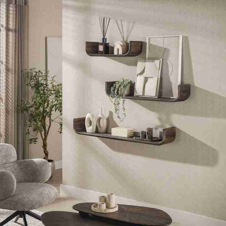 LifestyleFurn Wandplank Sadaf Teakhout, Set van 3 stuks - Bruin