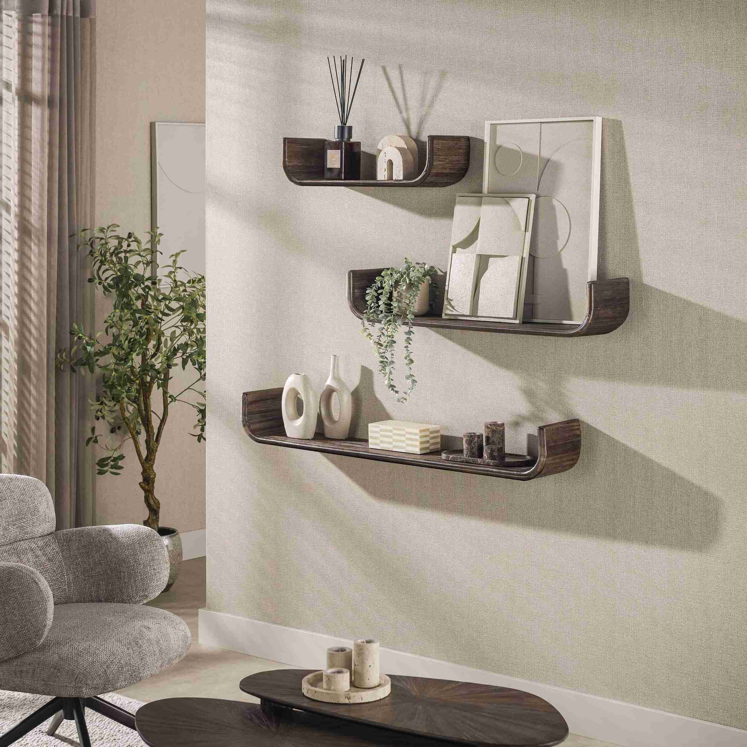 LifestyleFurn Wandplank Sadaf Teakhout, Set van 3 stuks - Bruin