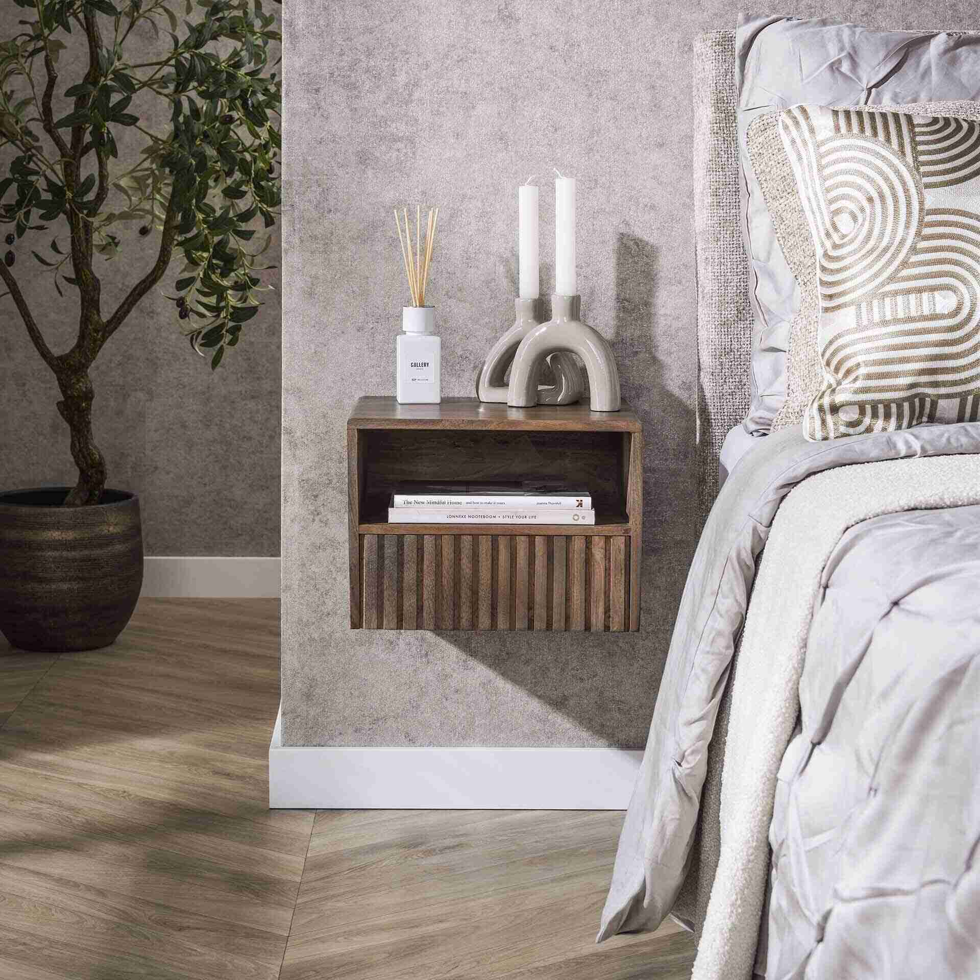 LifestyleFurn Zwevend Nachtkastje Alania Met 1 lade en open vak, Acaciahout - Massief acacia bruin
