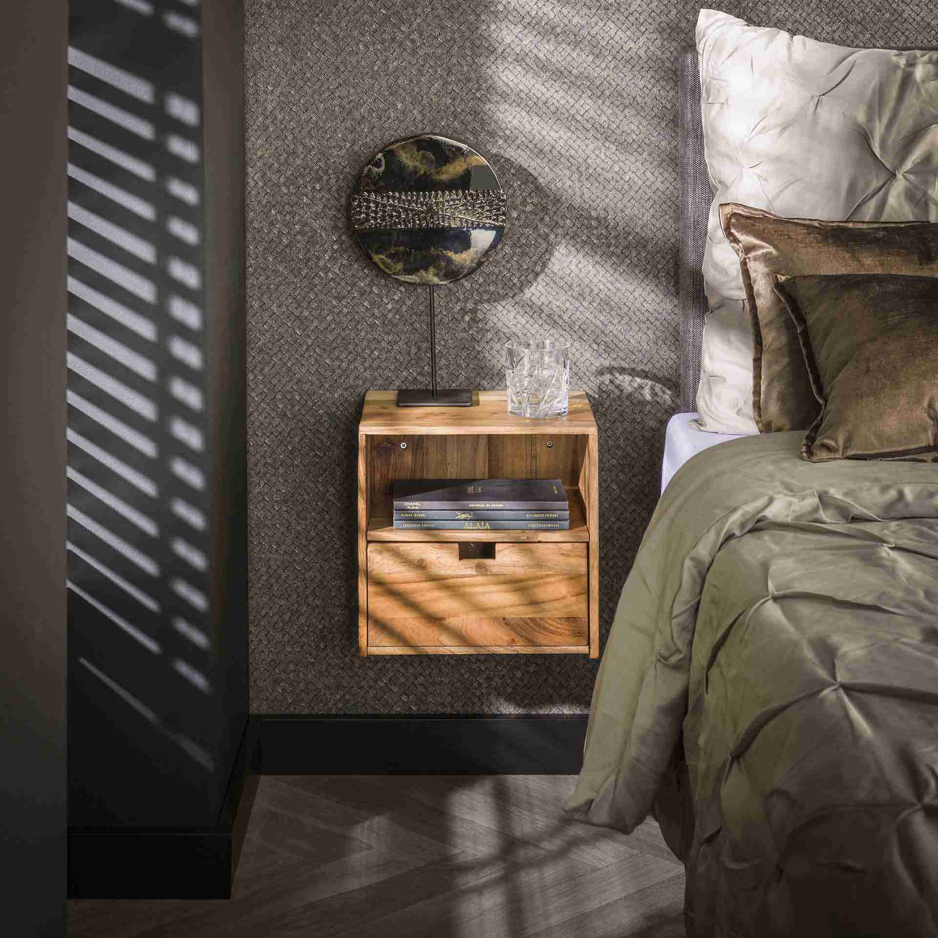 LifestyleFurn Zwevend Nachtkastje Calan Acaciahout, Set van 2 stuks - Massief acacia naturel