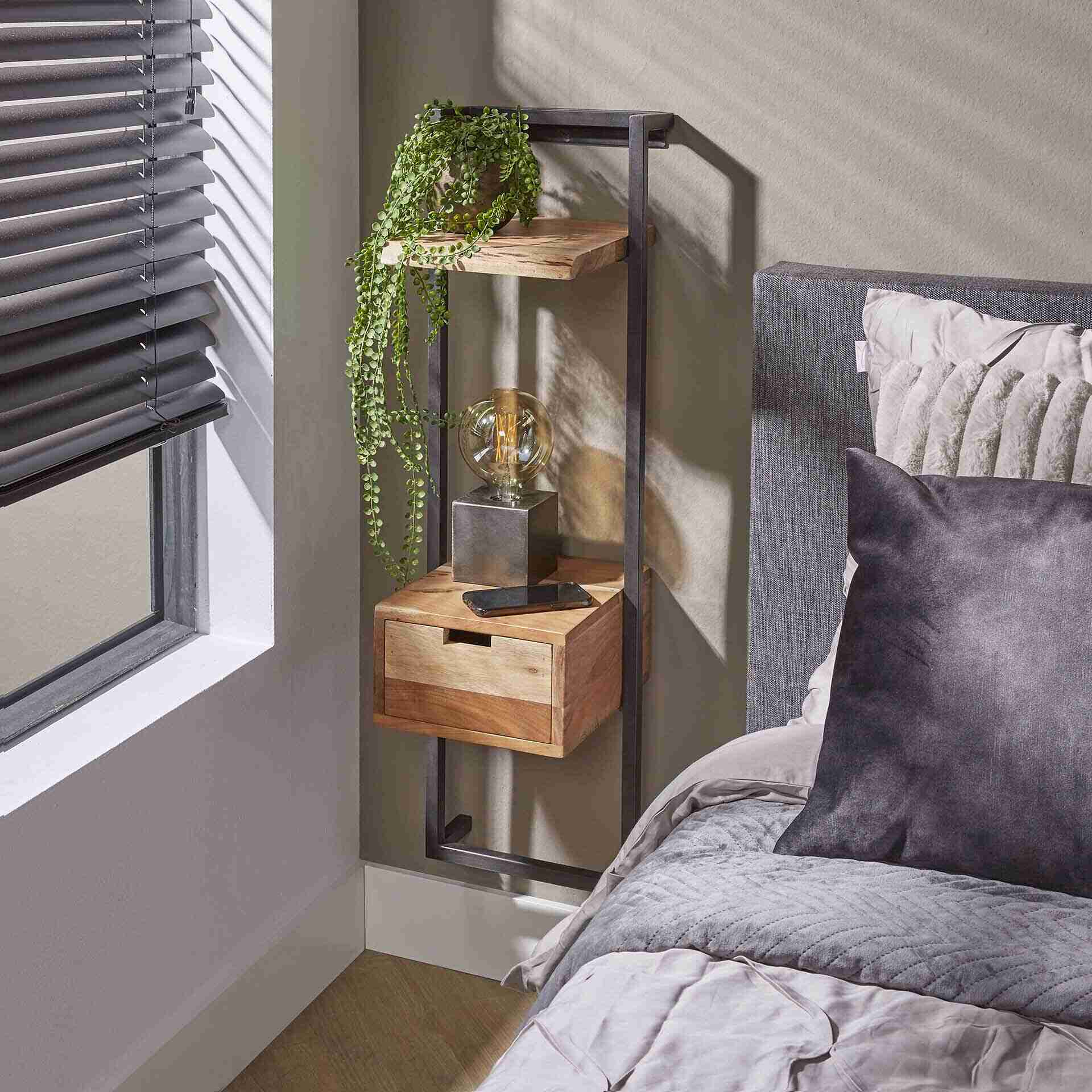 LifestyleFurn Zwevend Nachtkastje Cruz Acaciahout en metaal, Met 1 lade - Bruin,Hout,Naturel