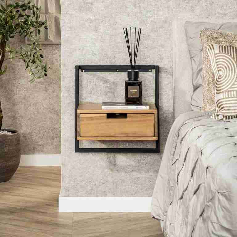 LifestyleFurn Zwevend Nachtkastje Cruz Acaciahout en metaal, Met 1 lade - Bruin,Hout,Naturel