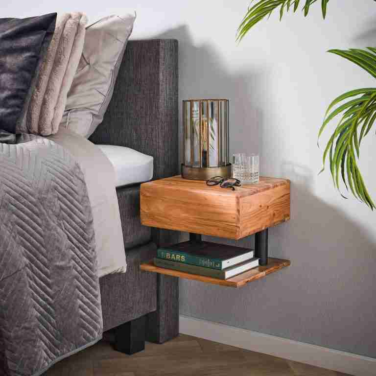 LifestyleFurn Zwevend Nachtkastje Jaisa Met 1 lade, Acaciahout - Massief acacia naturel