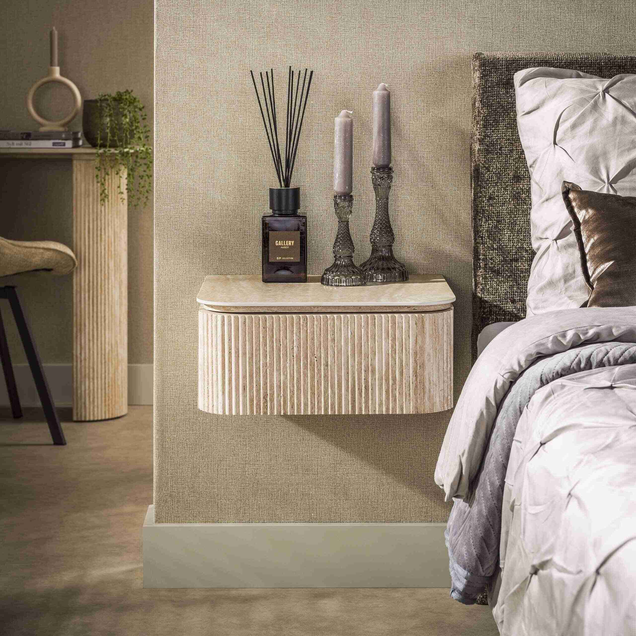 LifestyleFurn Zwevend Nachtkastje Laycie Travertinlook, Met 1 lade - Beige