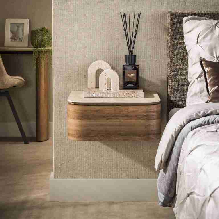 LifestyleFurn Zwevend Nachtkastje Nikka Eikenlook en travertinlook, Met 1 lade - Bruin