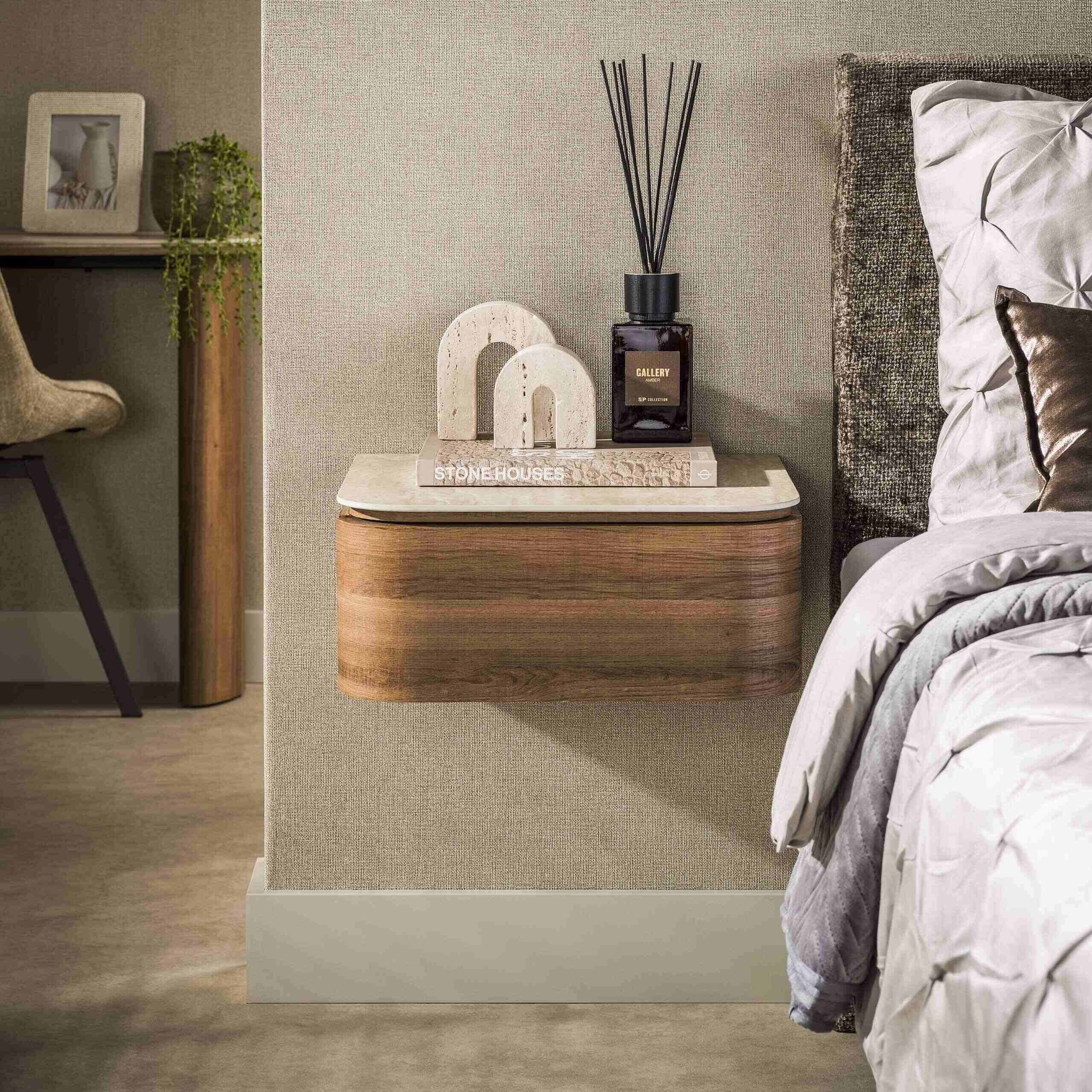 LifestyleFurn Zwevend Nachtkastje Nikka Eikenlook en travertinlook, Met 1 lade - Bruin