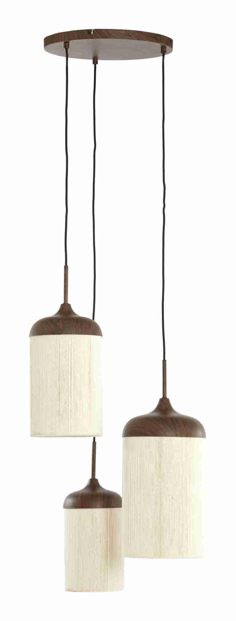 Light & Living Hanglamp Dania 3-lamps, Bruine houtlook en touw - Crëme/Donkerbruin - Rond