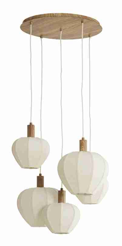 Light & Living Hanglamp Huxi Naturel houtlook en linnen, 5-lamps - Naturel - Rond