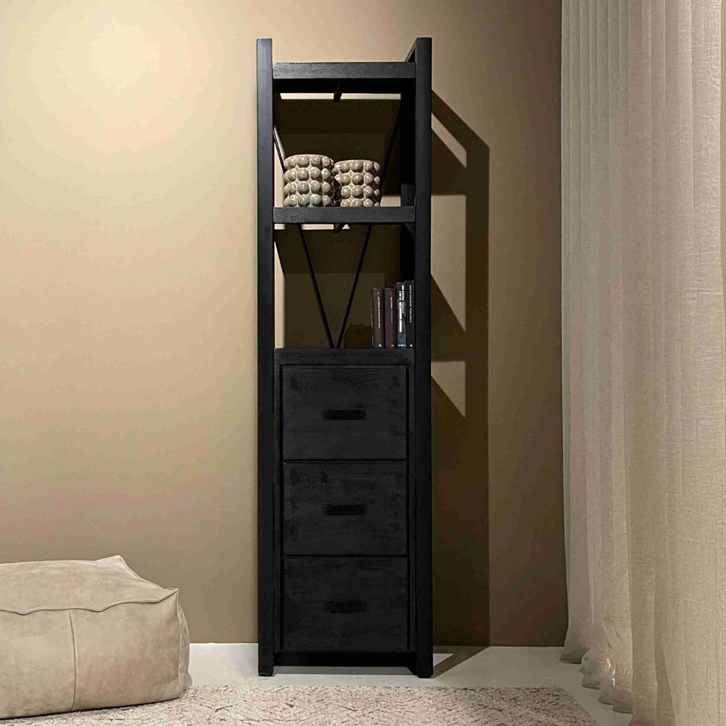 Livingfurn Boekenkast Norris Mangohout en staal, 200 x 55cm - Zwart