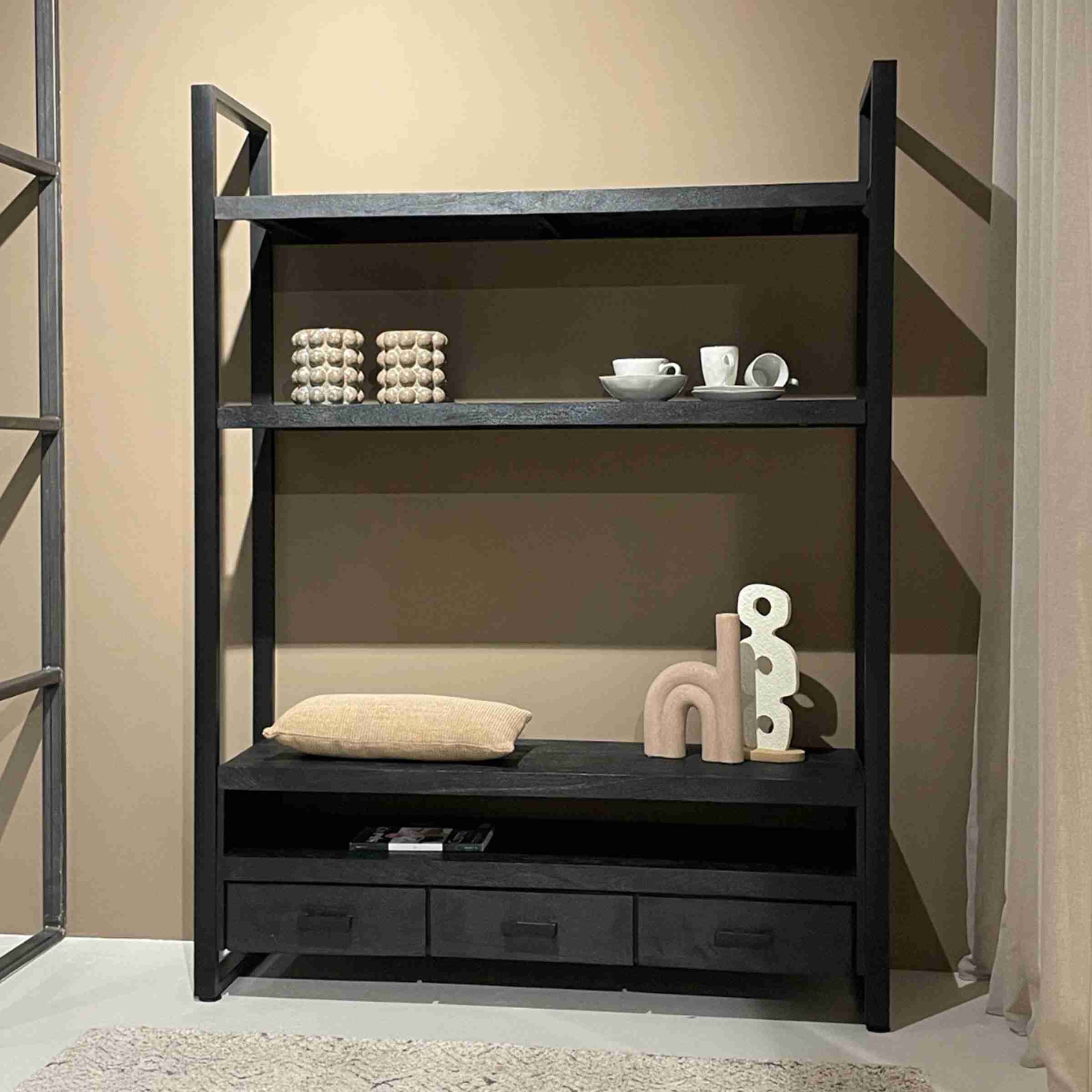 Livingfurn Hoog TV-meubel Norris Mangohout en staal, 150 cm - Zwart