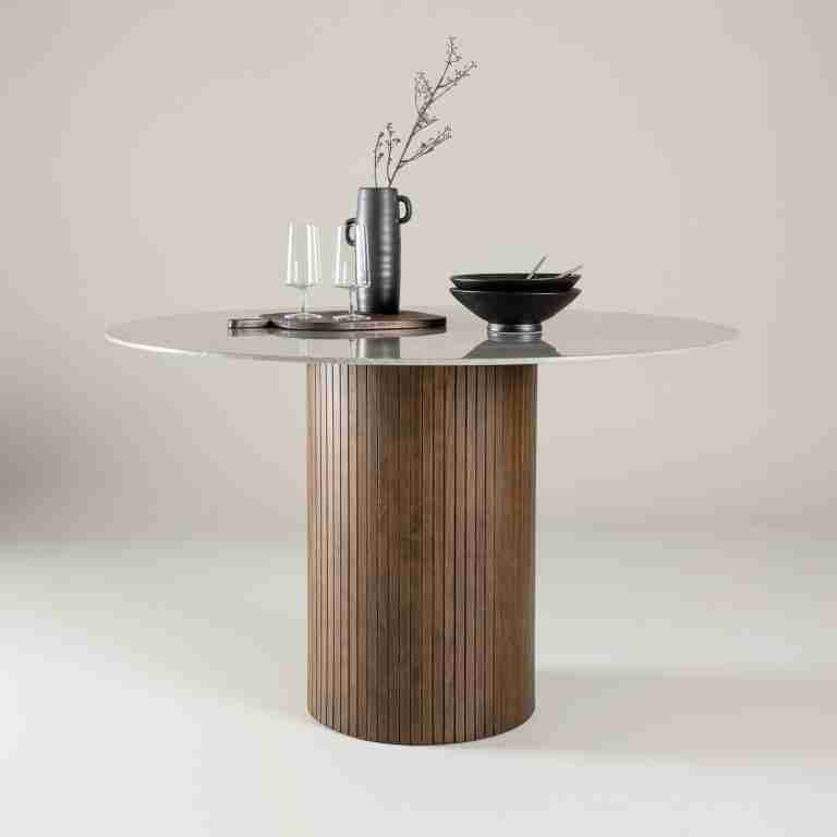 Nohr Ronde Eettafel Audrin Glas met marmerlook, 120cm - Bruin - Japandi