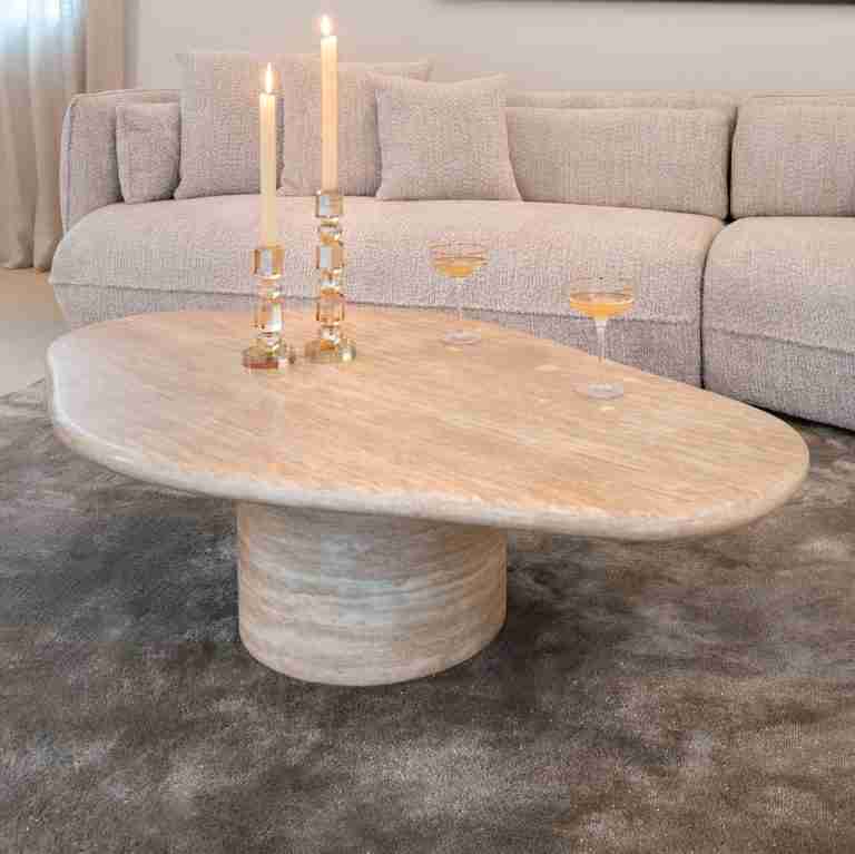 Richmond Organische Salontafel Fictus Travertin look, 130 x 80cm - Beige - Japandi