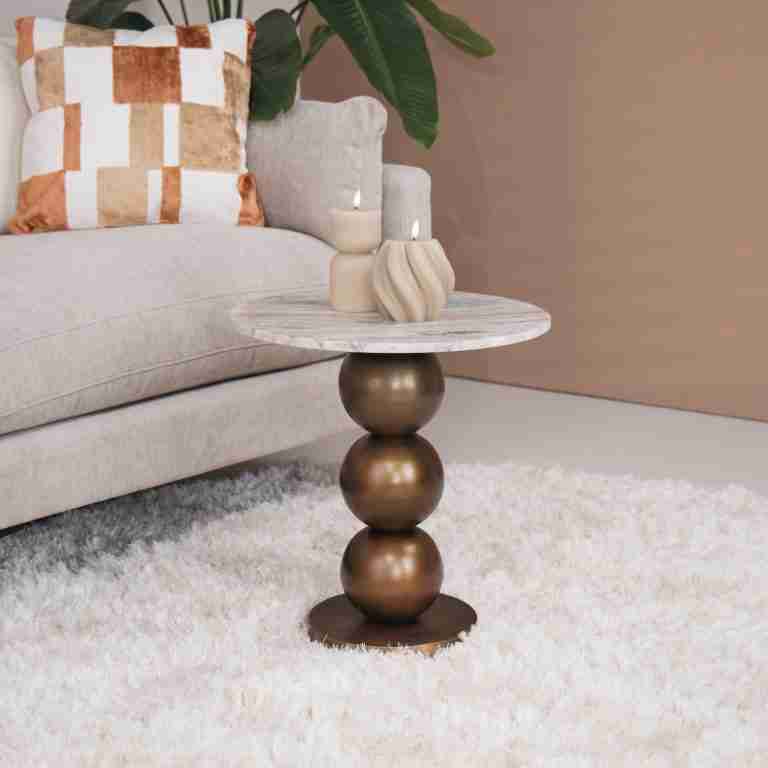 Richmond Ronde Bijzettafel Barley Marmer en brushed gold, 46cm - Beige
