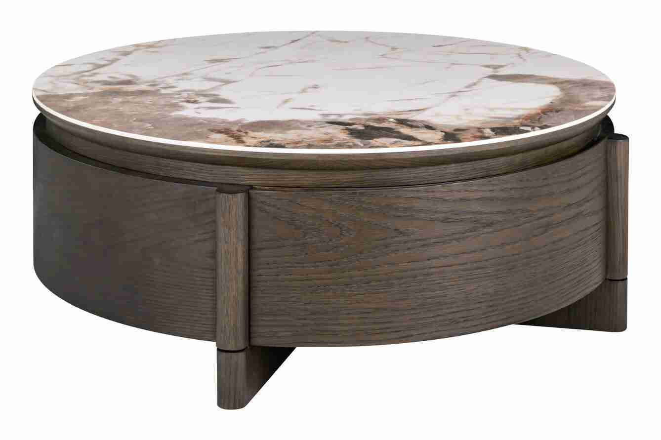Richmond Ronde Salontafel Langford Marmerlook en eiken, √ò90cm, Met 1 lade - Bruin