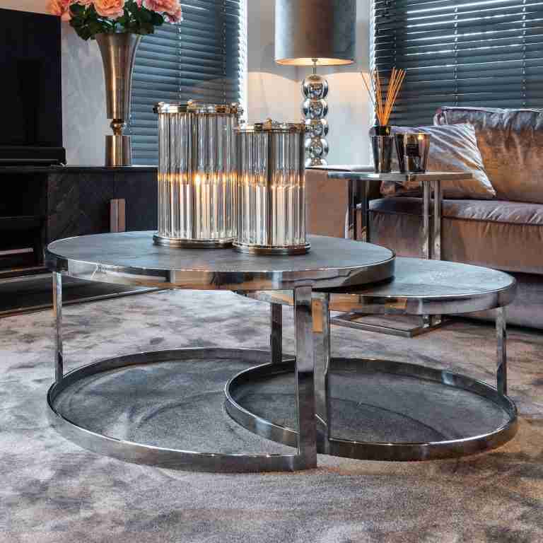 Richmond Salontafel Blackbone Eikenhout en Staal - Zwart en Zilver set van 2 stuks - Rond