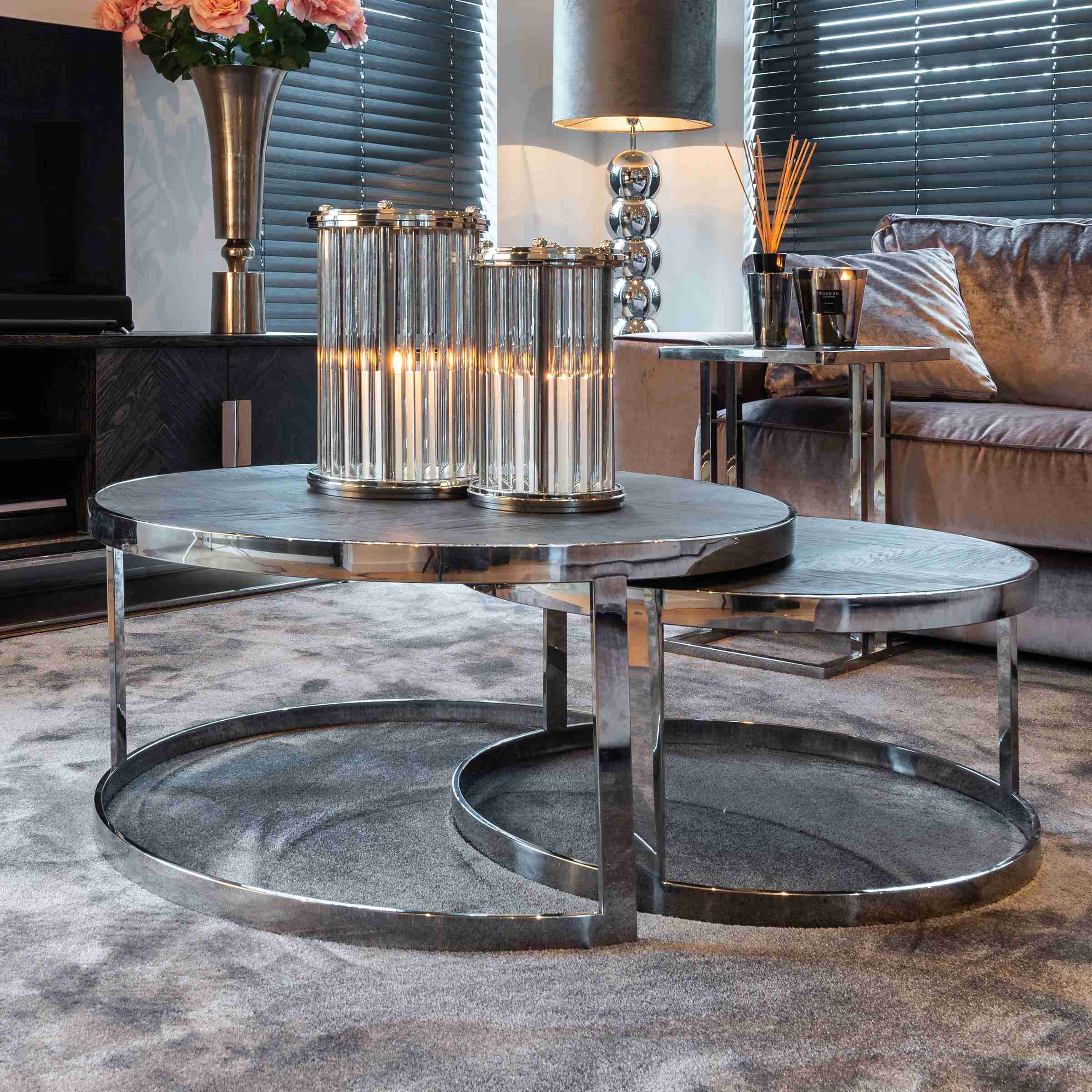 Richmond Salontafel Blackbone Eikenhout en Staal - Zwart en Zilver set van 2 stuks - Rond