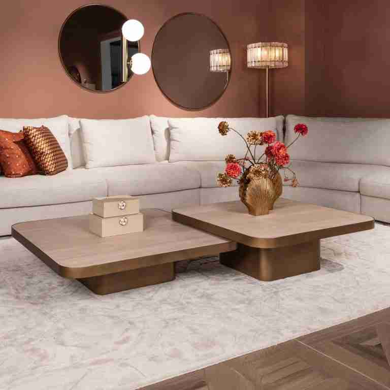Richmond Salontafel Claridge Keramiek in travertin-look, set van 2 stuks - Beige - Vierkant
