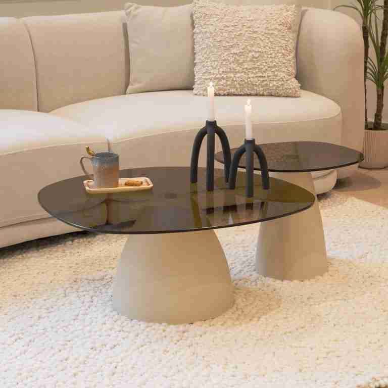Sohome Organische Salontafel Jacky Set van 2 stuks, Glas en betonlook - Beige