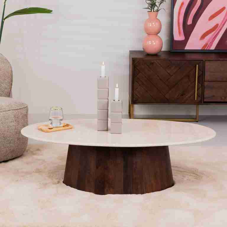 Sohome Ovale Salontafel Margred Marmer en mangohout, 120 x 65cm - Beige - Ovaal