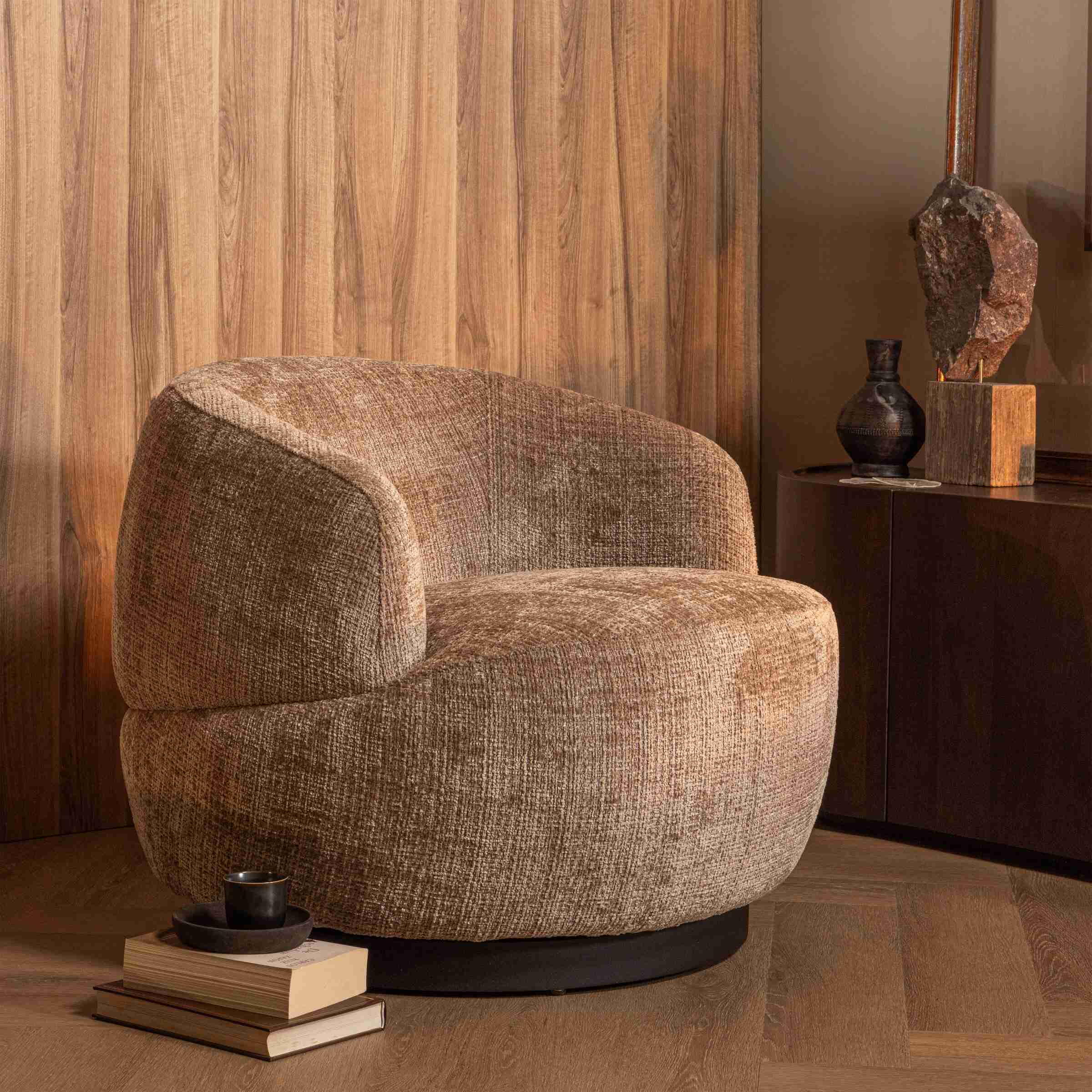 WOOOD Draaifauteuil Woolly Chenille - Zand - Japandi - BePureHome