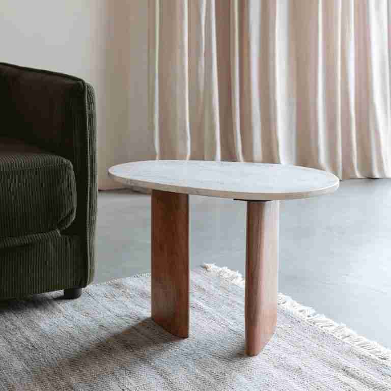 ZILT Bijzettafel Jama Marmer en Acaciahout, 56 x 37cm - Wit - Organisch