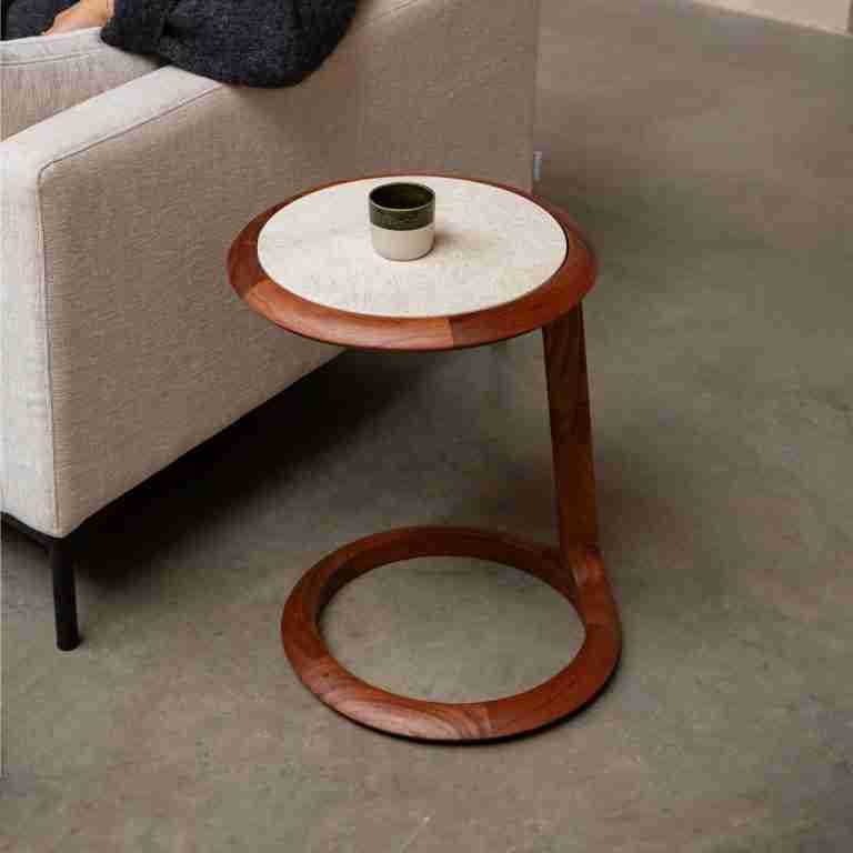 Zuiver Bijzettafel Doppio Travertin en acaciahout, 45 x 41cm - Bruin - Rond