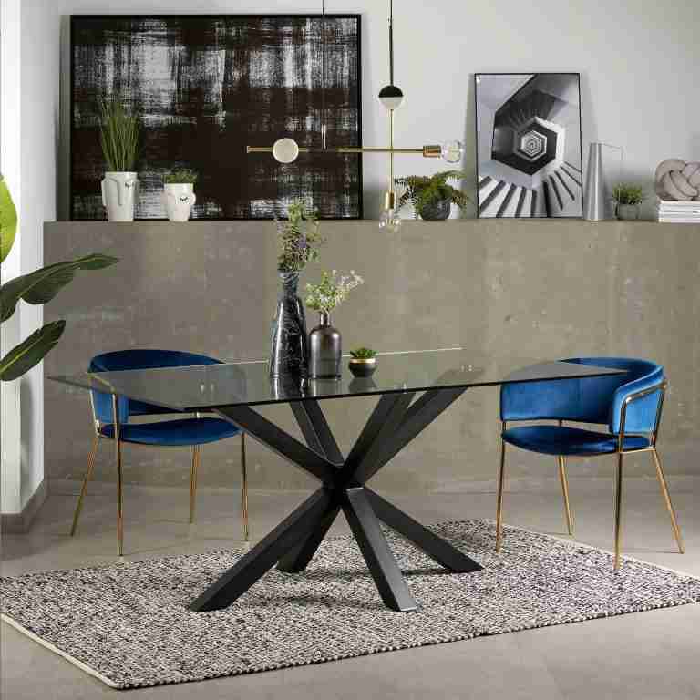 Kave Home Glazen eettafel 'Argo' met zwart onderstel, 200 x 100cm