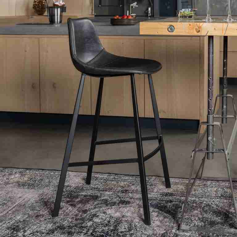 Dutchbone Barkruk 'Franky' PU (zithoogte 65cm), kleur Zwart